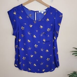 Alice Blue | Blue Lemon Print Short Cap Sleeve Blouse Size Large